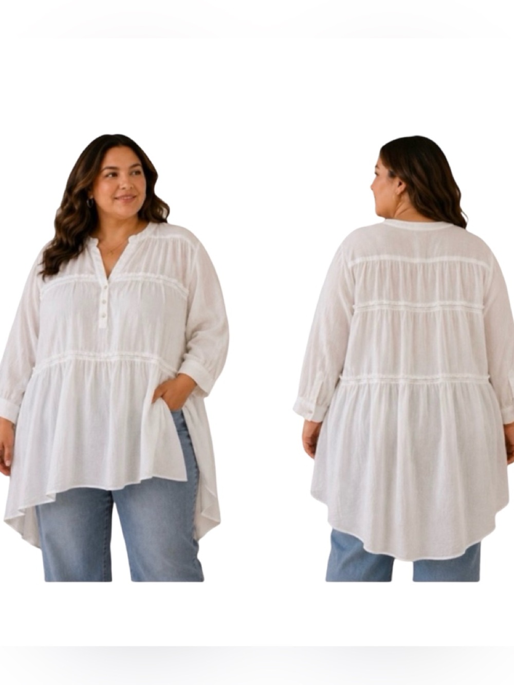 Relaxed White Gauze Tunic with Button Henley